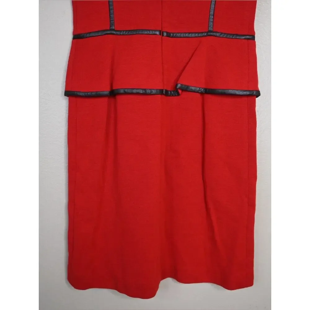 Tory Burch Womens XS Red Wool Blend Sheath Dress with Leather Trim
